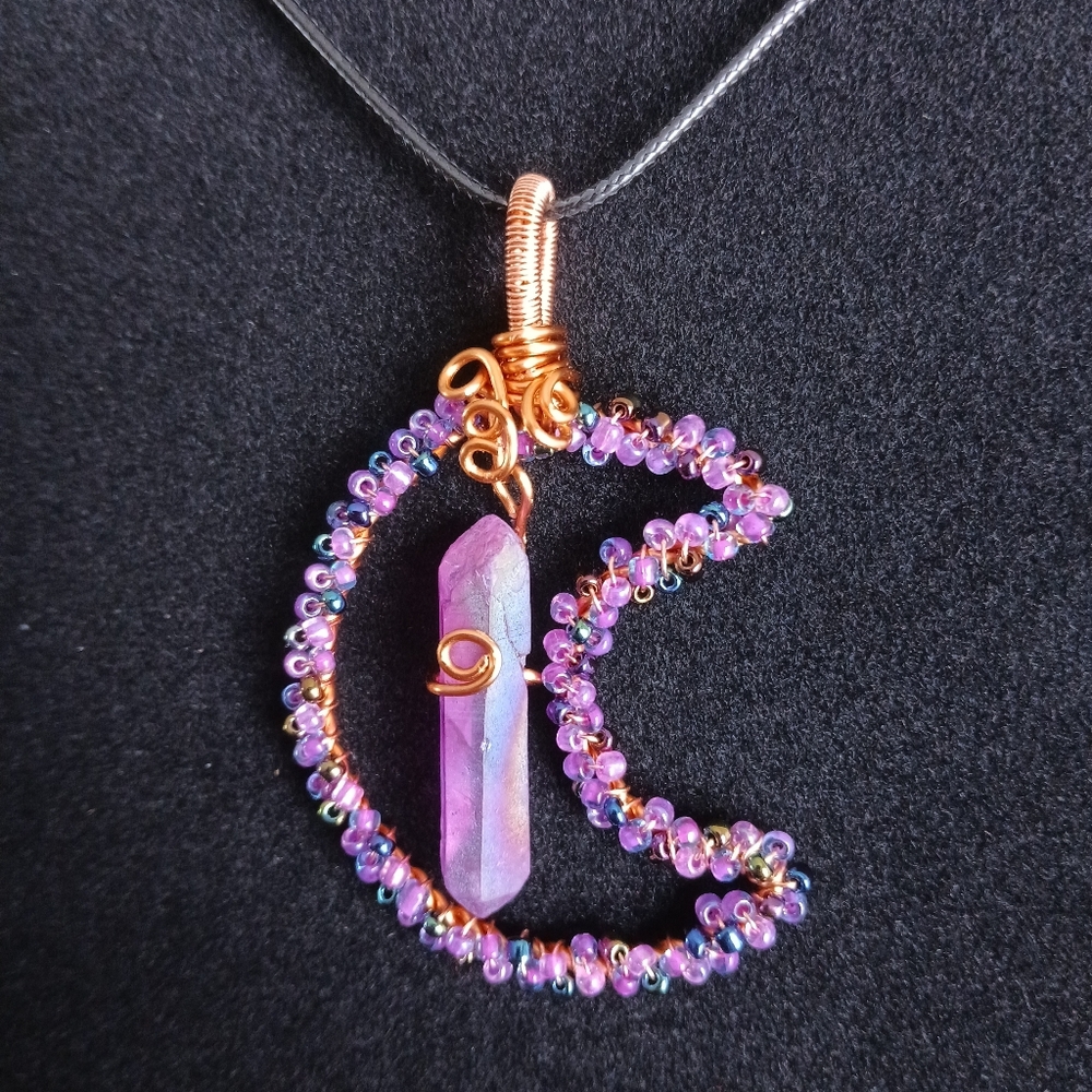 Copper Wire Wrapped Beaded Cresent Moon Necklace With Purple Aura Quartz New